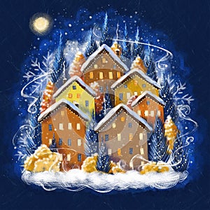 Winter illustration with Christmas houses, different warm colors, Christmas trees decorated for New Year`s Eve grow around