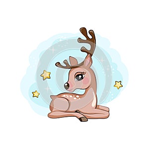 Winter illustration of cuie little reindeer