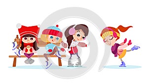 Winter illustration with group of cute girl on ice rink.