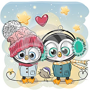 Winter illustration Penguin Boy and Girl in hats and coats photo
