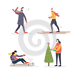Winter illustration peoples: man in scarf plays snowballs, skier, girl on sledding, woman decorates Christmas tree.