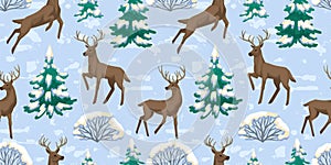 Winter illustration, seamless pattern with forest animal deer in a snowy forest, trees and Christmas trees with snow