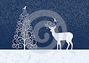 Winter illustration with silhouettes Christmas tree, reindeer and birdies