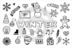 Winter illustrations in black and white, set of simple hand drawn vector drawings in doodle style