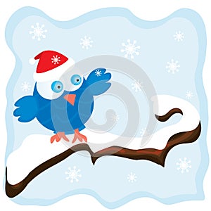 Winter image with cartoon blue bird