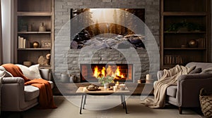 winter interior, winter fireplace fire, Christmas fireplace,