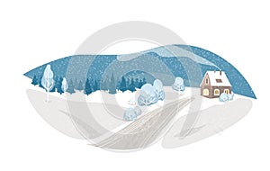 Winter isolated landscape vector background. Nature rustic scene with cute house, fir tree, road, snowman, hill. North