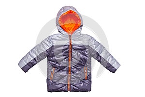 Winter jacket isolated. A stylish black warm down jacket with orange lining for the kids isolated on a white background. Childrens