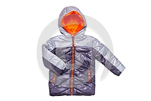 Winter jacket isolated. A stylish black warm down jacket with orange lining for the kids isolated on a white background. Childrens