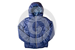 Winter jacket isolated. A stylish cosy warm blue down jacket for kids isolated on a white background. Fashionable clothing for