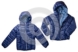 Winter jacket isolated. Two different views of a stylish cosy warm blue down jacket for kids isolated on a white background.