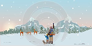 Winter journey of father and child`s family with backpack in snow, winter forest to forest deer. Vector illustration