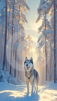 Winter journey Sled dog Siberian husky drives through snow covered forest