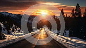 Winter Journey, Sun's Embrace On Snowy Mountain Road. Generative AI