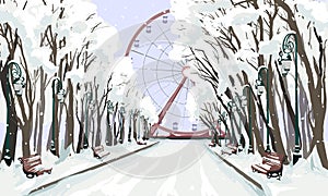 Winter Kharkiv landscape with wheel on alley. Ukraine ferris wheel at the end of the central alley of Gorky Park.