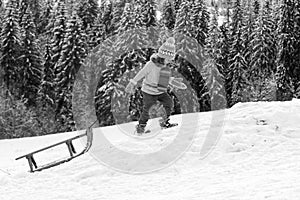 Winter kid in snow walks with sled. Happy Christmas family vacation concept. Child sledging outside in winter. Theme