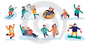 Winter kids activities. Snow games, smiling little girls and boys in winters clothes fun outdoors vector illustration