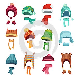 Winter kids hat. Warm childrens hats and scarves. Headwear and accessories for boys and girls cartoon vector set