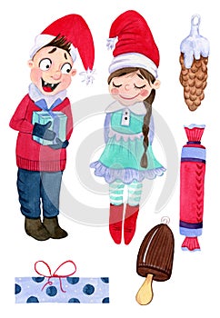 Winter kids with treats and gifts