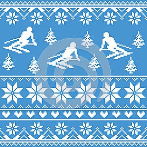 Winter knit pattern - man skiing on blue background