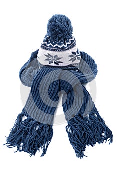 Winter knitted hat and scarf, blue, isolated on white background