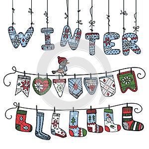 Winter knitted letters,checkbox,socks photo