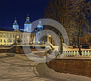 Winter Krasnogvardeysky Bridge and St. Nicholas Cathedral in St. Petersburg