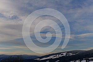 Winter in Krkonose mountains, Czech Republic - blue evening sky