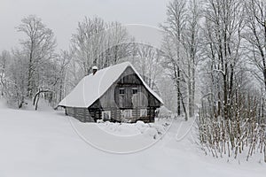 Winter in Krkonose mountains, Czech Republic pure white snow, old house