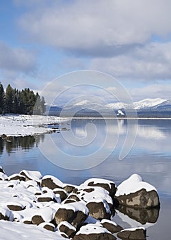 Winter lake landscape with snow covered mountains