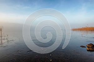Winter lake in mist