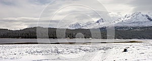 Winter lake and mountains.