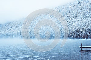 Winter lake with a pier for boats.