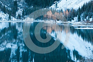 Winter lake scene with beautiful reflection