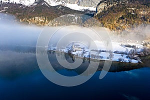 Winter Lake and snowy Forest Landscape Travel foggy serene scenic aerial view