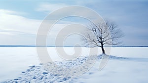 winter lamdscape with snow and a bare tree, banner format, tranquil scenary