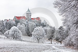 Winter landcape with castle Smolenice, Slovakia photo