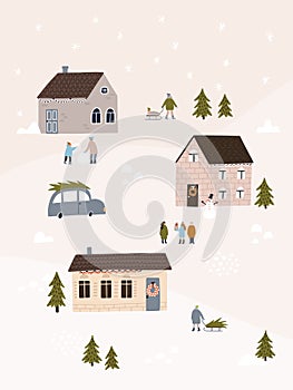 Winter landcape with cute houses, cars and people. Holiday concept for greeting card. Hand drawn vector illustration.