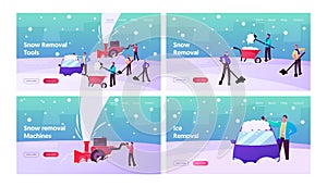 Winter Landing Page Template Set. Happy Characters Shoveling, Removing Snow from Street Using Shovels and Snowblower