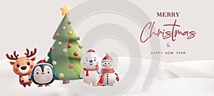 Winter landscape 3D illustration with cute Christmas characters Santa Claus, elf, polar bear, penguin, and reindeer. Festive