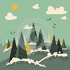 Winter Landscape with abstract fir trees in Scandi style. Cover, background, print poster design.Vector illustration