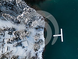 Winter Landscape. Aerial Drone Top Down View. Outdoot Park Snow Covered