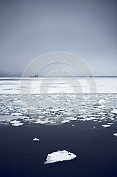 Winter landscape of the Avacha bay. Snowy mountains and ocean with ice floes at snowy weather. Kamchatka peninsula