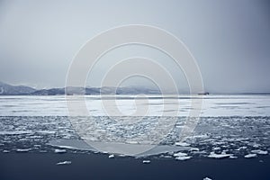 Winter landscape of the Avacha bay. Snowy mountains and ocean with ice floes at snowy weather. Kamchatka peninsula