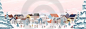 Winter Landscape Background,Christmas night in City,Vector banner cute Winter Wonderland in the town,People celebration in the