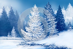 Winter landscape background with snowy spruce trees