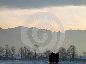 Winter Landscape, backlight, with Horse-Drawn Carriage