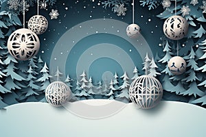 Winter landscape with ball ornament fir trees in snow mountain in paper cut style. Generative AI