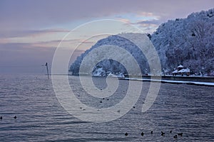 winter landscape at the baltic sea coast in gdynia, poland