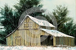 Winter Landscape with a Barn House Oil Painting